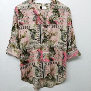 Manhattan Blues Safari Animal Print Half Button Down Blouse Size S